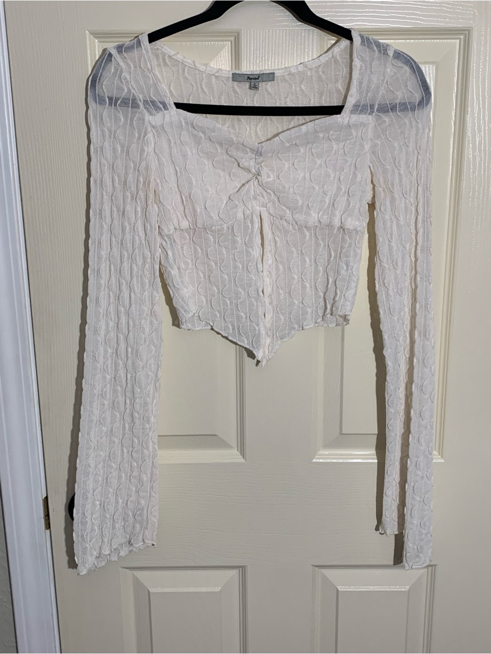 Papaya Ivory Lace Open Front Long Sleeve Crop Top